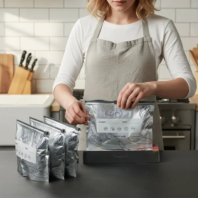 Reusable Stand-Up Food Storage Bags with Zipper Seal & Labels