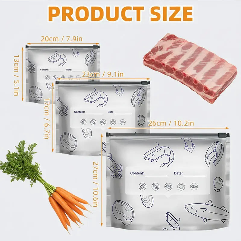 Reusable Stand-Up Food Storage Bags with Zipper Seal & Labels