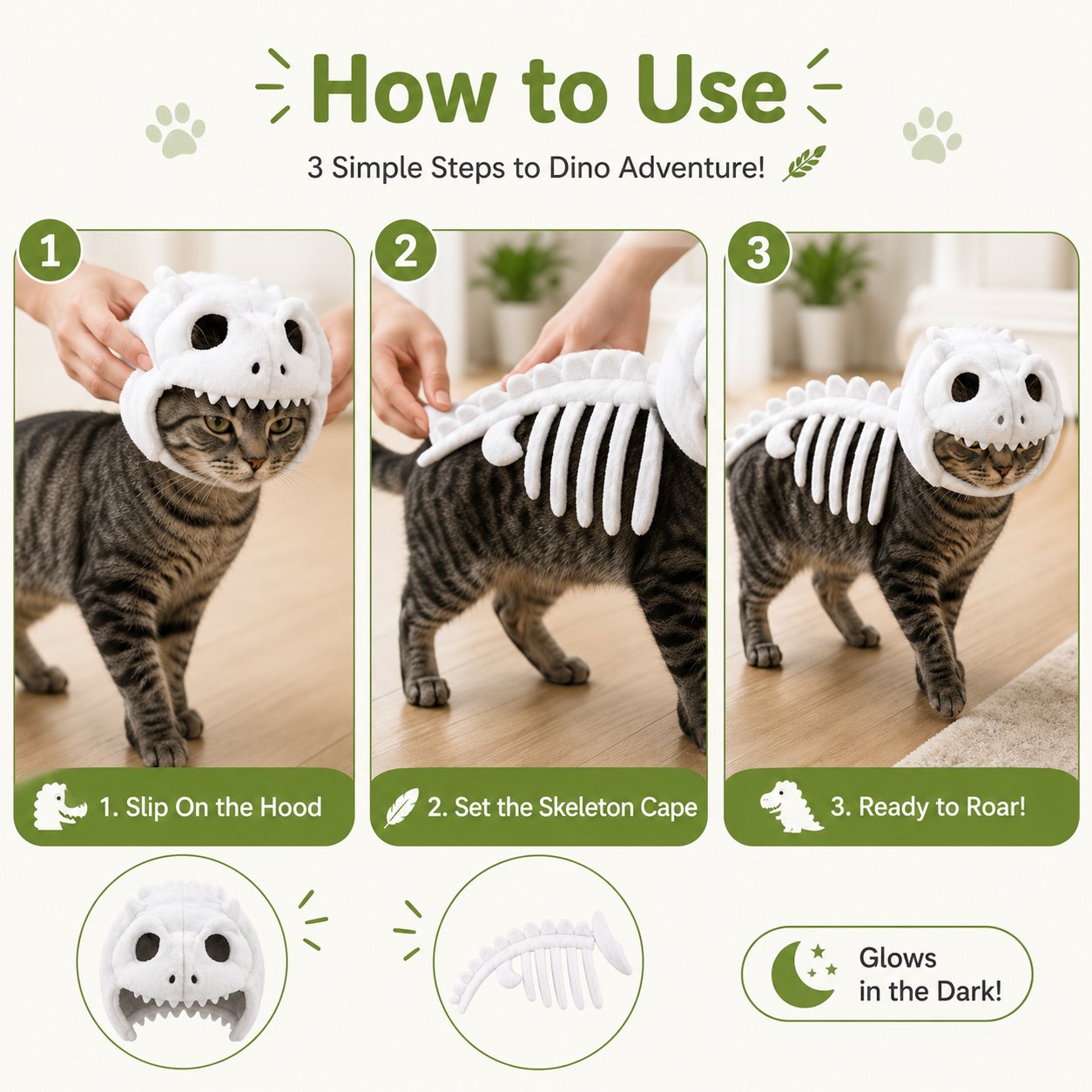 🦖 Glow-in-the-Dark Dinosaur Skeleton Cat Costume — Let Your Kitty Roar at Night! ✨