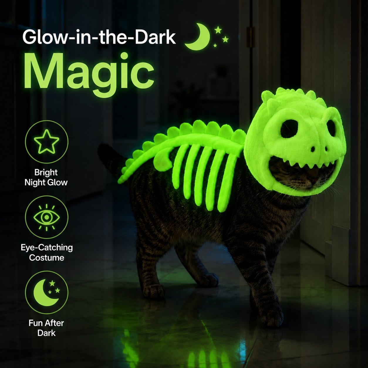🦖 Glow-in-the-Dark Dinosaur Skeleton Cat Costume — Let Your Kitty Roar at Night! ✨