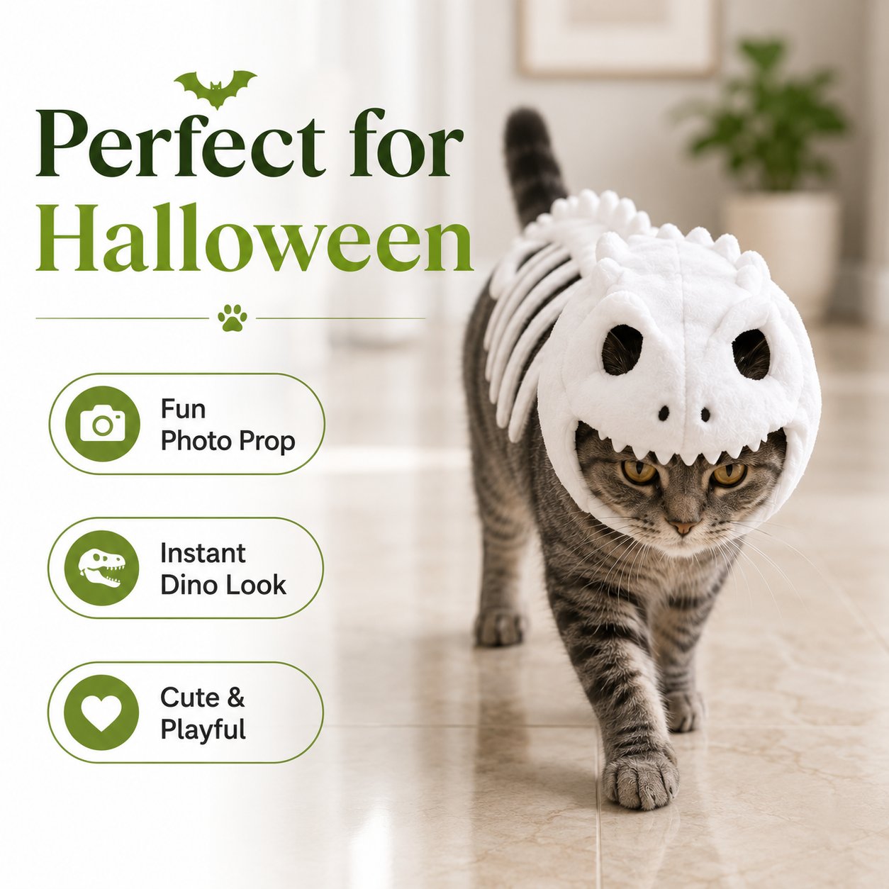🦖 Glow-in-the-Dark Dinosaur Skeleton Cat Costume — Let Your Kitty Roar at Night! ✨